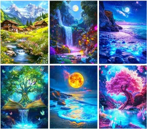 LELEMON 6 Pack Diamond Art Kits for Adults,Scenery Diamond Painting Kits for Adults,Dimond Art Paintings,Scenery 5d Diamond Painting Kit with Diamond Art Accessories for Home Wall Decor 12 x 16inch