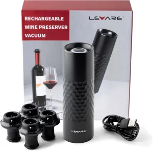 Levare - Rechargeable Wine Saver Vacuum Pump Sealer, Automatic Preserver with USB-C Charger & 4 Universal Bottle Stopper Plugs, Cordless Air Remover to Prolong Freshness, Ideal Gift for Wine Lovers