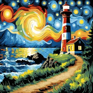 Light House Trail (5) - in Starry Night - Van-Go Paint-by-Number Kit 50x50cm DIY Frame