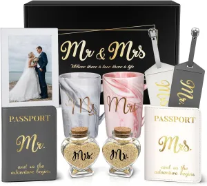 Linkax Wedding Engagement Bridal Shower Gifts for Couples Newlyweds Bride Groom Wife Honeymoon Anniversary, Mr and Mrs Coffee Mugs Set, Sand Jars Luggage Tags Passport Holder Presents