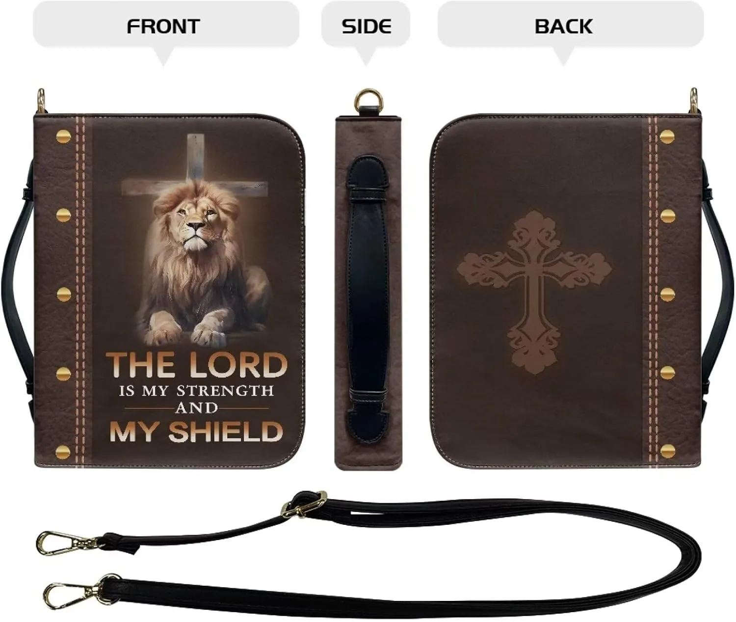 Lion Cross Print Bible Case - The Lord is My Strength Carrying Case, PU Leather Carrier Tote Bag With Zipper Pocket, Book Cover Christian Accessories, 2XL