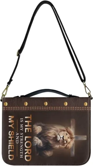 Lion Cross Print Bible Case - The Lord is My Strength Carrying Case, PU Leather Carrier Tote Bag With Zipper Pocket, Book Cover Christian Accessories, 2XL
