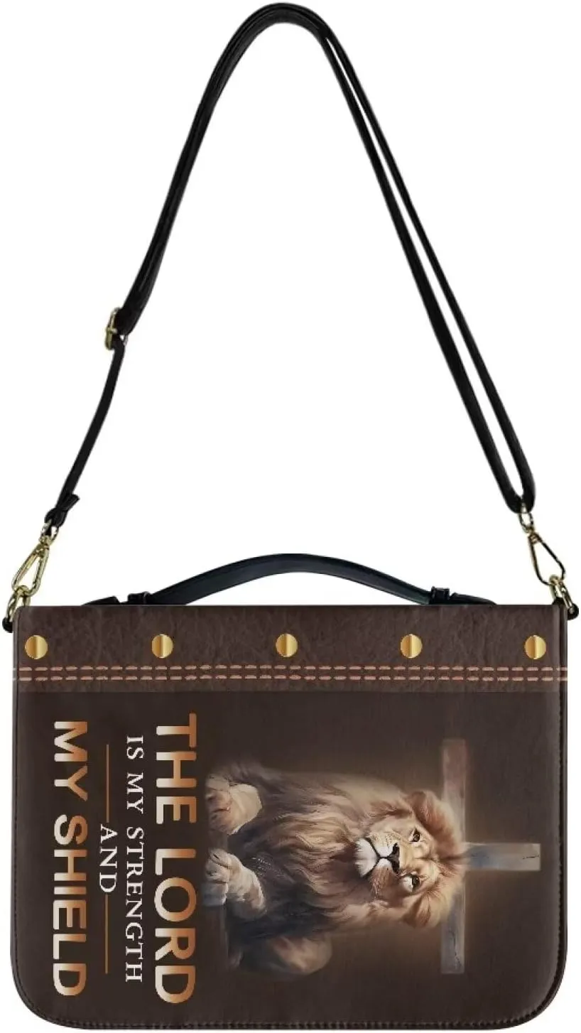 Lion Cross Print Bible Case - The Lord is My Strength Carrying Case, PU Leather Carrier Tote Bag With Zipper Pocket, Book Cover Christian Accessories, 2XL