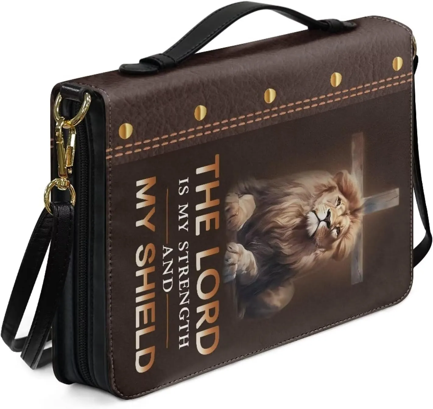 Lion Cross Print Bible Case - The Lord is My Strength Carrying Case, PU Leather Carrier Tote Bag With Zipper Pocket, Book Cover Christian Accessories, 2XL