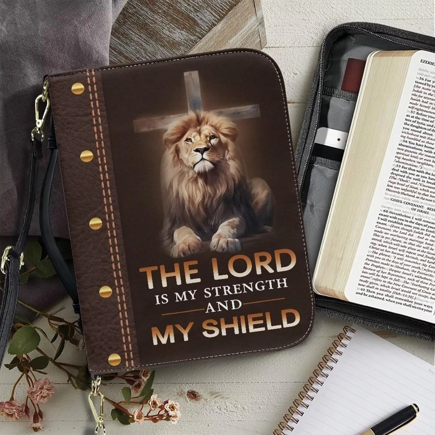 Lion Cross Print Bible Case - The Lord is My Strength Carrying Case, PU Leather Carrier Tote Bag With Zipper Pocket, Book Cover Christian Accessories, 2XL