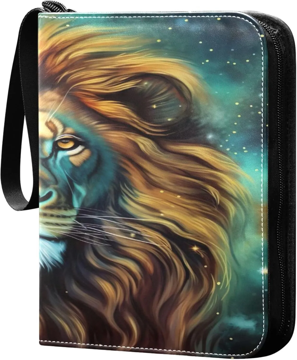 Lion Head on Starry Card Binder 4 Pocket Collectible Trading Card Albums with 50 Sleeves Double Side PU Waterproof 3 Ring for Sports & Game Cards