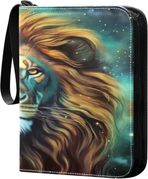 Lion Head on Starry Card Binder 4 Pocket Collectible Trading Card Albums with 50 Sleeves Double Side PU Waterproof 3 Ring for Sports & Game Cards
