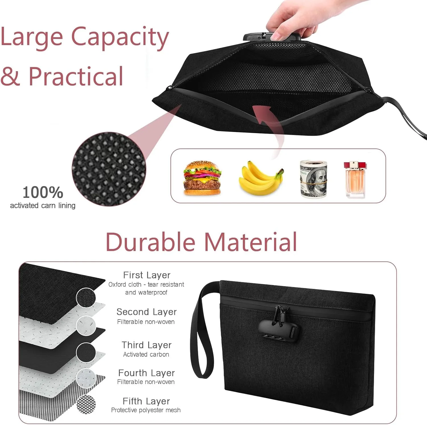 LOFICOPER Money Bag with Lock, Cash Bag with Lock, Waterproof Document Bag with Zipper, Locking Accessories Pouch, for Cash, Phone, Credit Cards, Black