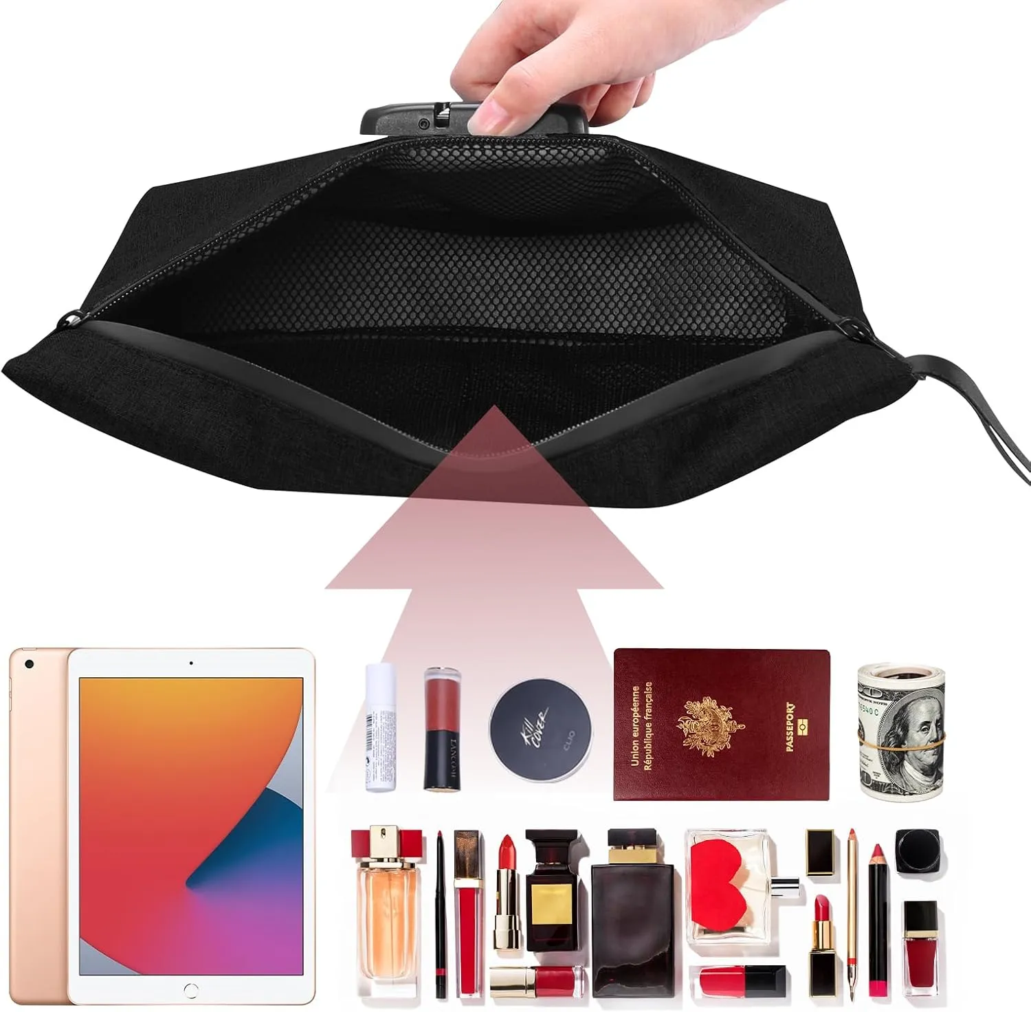 LOFICOPER Money Bag with Lock, Cash Bag with Lock, Waterproof Document Bag with Zipper, Locking Accessories Pouch, for Cash, Phone, Credit Cards, Black