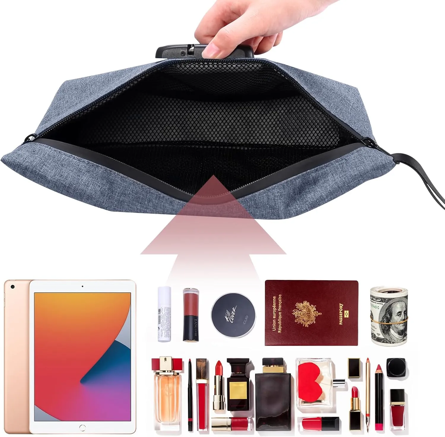 LOFICOPER Money Bag with Lock, Waterproof Cash Bag with Lock and Zipper, Portable Bank Deposit Bag, Locking Accessories Pouch for Phone, Credit Cards, Cash, Dark Blue