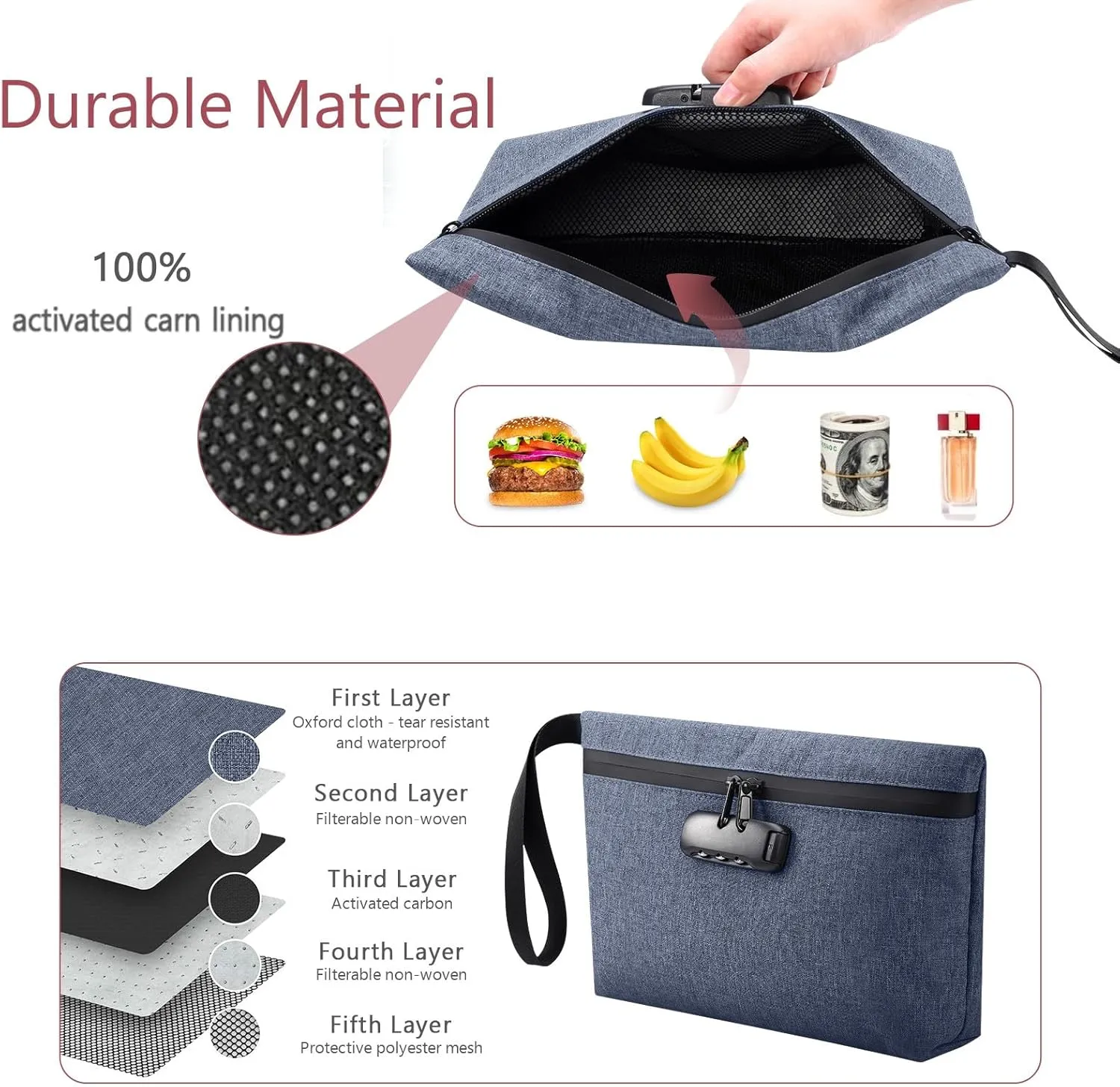 LOFICOPER Money Bag with Lock, Waterproof Cash Bag with Lock and Zipper, Portable Bank Deposit Bag, Locking Accessories Pouch for Phone, Credit Cards, Cash, Dark Blue