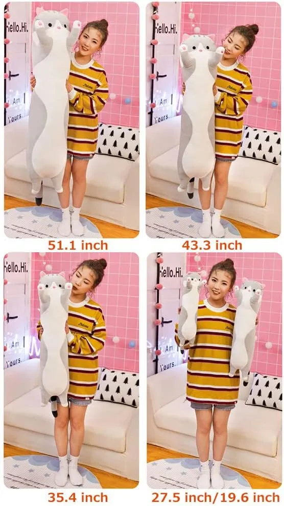 Long Cat Plush Pillow, 43.3 Inch Cute Plush Long Body Pillow Stuffed Animal Plushie Soft Cat Doll Gift