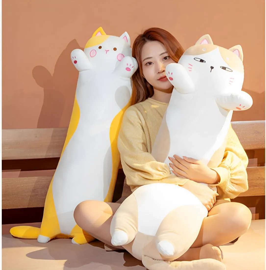 Long Cat Soft Plush Pillow 35.5inch Cute Cat Body Pillow，Soft and Huggable Kawaii Plush Pillow Toy，for Kids, Halloween, Christma, Birthday Gift (Khaki)