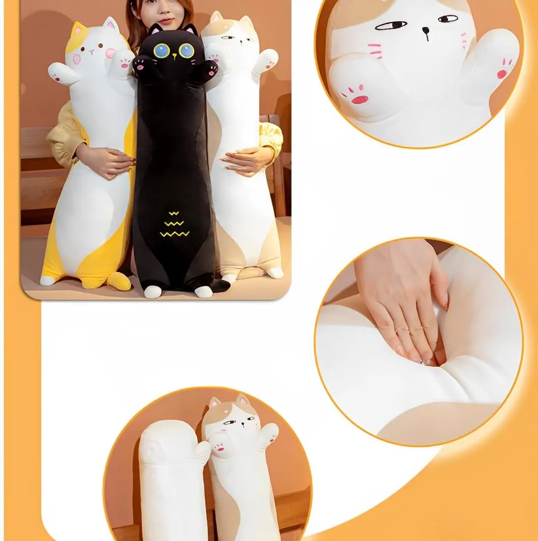 Long Cat Soft Plush Pillow 35.5inch Cute Cat Body Pillow，Soft and Huggable Kawaii Plush Pillow Toy，for Kids, Halloween, Christma, Birthday Gift (Khaki)