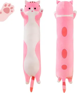 Long Pink Cat Plush Pillow Toy Sleeping Pillow Cute Cartoon Cat Stuffed Animals Soft Long Body Pillow Gift for Kids (27.55in)