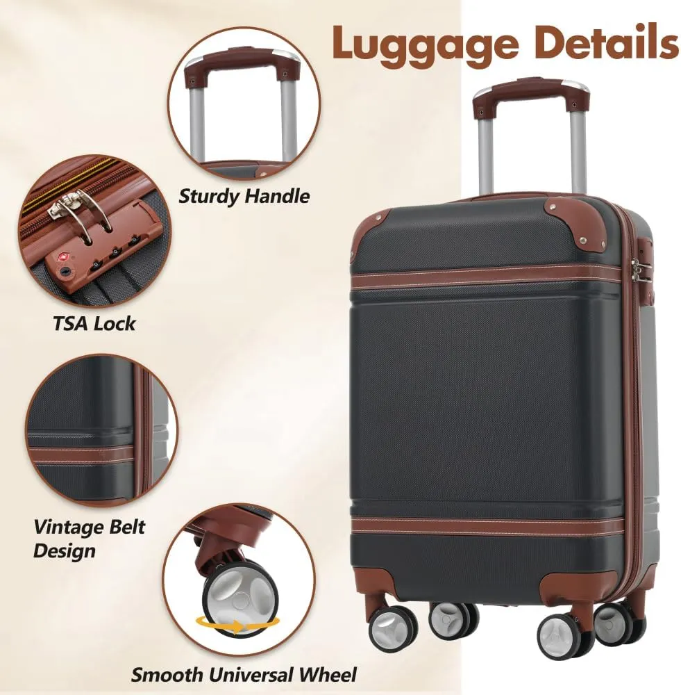 Long Vacation Luggage Set 20 IN Lightweight Carry on Suitcase ABS Hardshell Luggage TSA Lock Spinner Wheels(3 piece set) (Black   ABS)