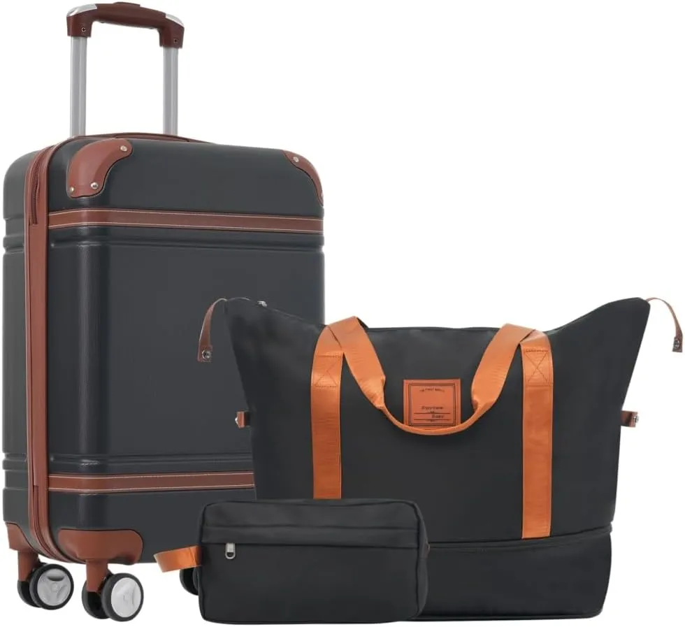 Long Vacation Luggage Set 20 IN Lightweight Carry on Suitcase ABS Hardshell Luggage TSA Lock Spinner Wheels(3 piece set) (Black   ABS)