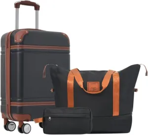 Long Vacation Luggage Set 20 IN Lightweight Carry on Suitcase ABS Hardshell Luggage TSA Lock Spinner Wheels(3 piece set) (Black   ABS)
