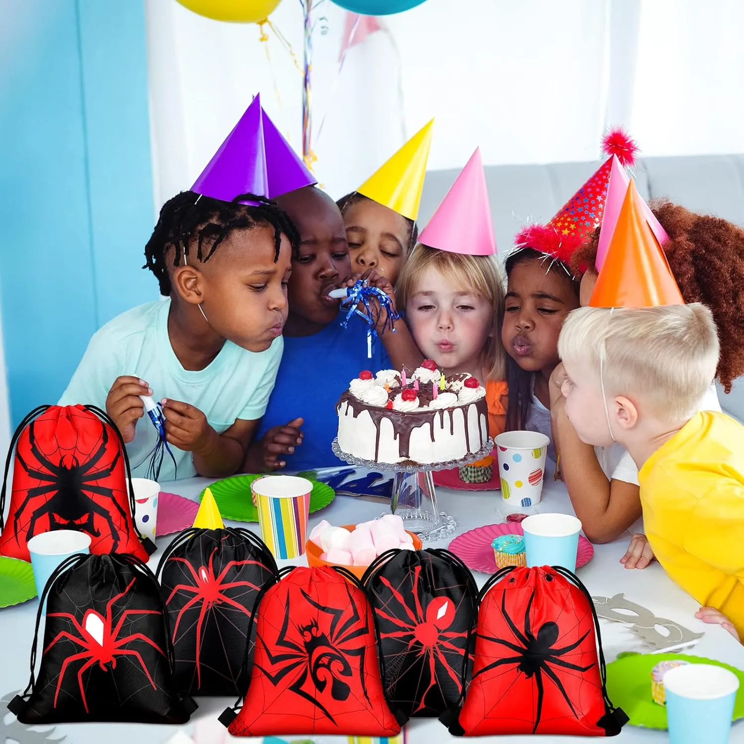 Lothee 30 Pcs Spider Party Favor Bags Spider Drawstring Bag Birthday Party Decorations Gift Treat Goodie Candy Backpack(Novel Style)