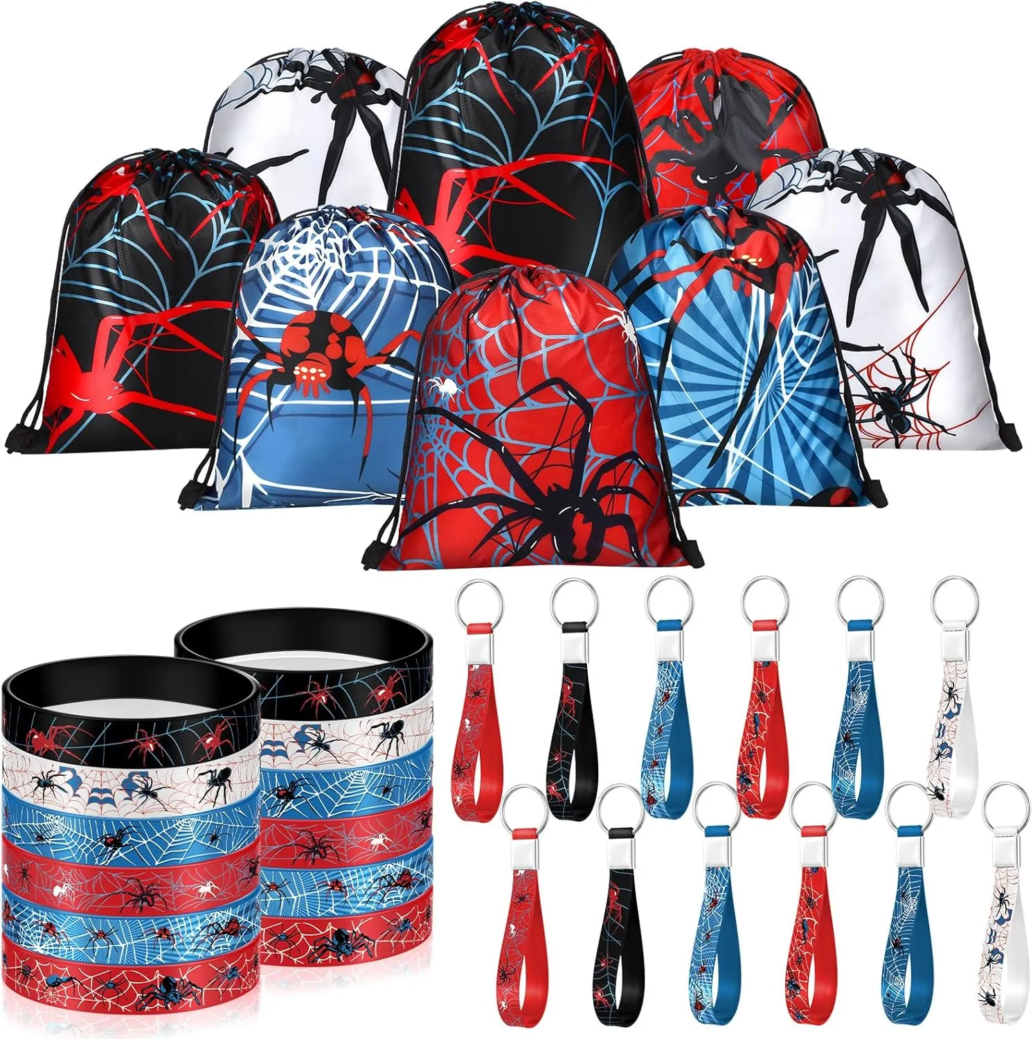 Lothee 32 Pieces Spiderweb Birthday Party Decoration Set Spiderweb Drawstring Bags Funny Travel Sack Backpack Rubber Bracelets Wristlet Keychain for Birthday Party Supplies Favors