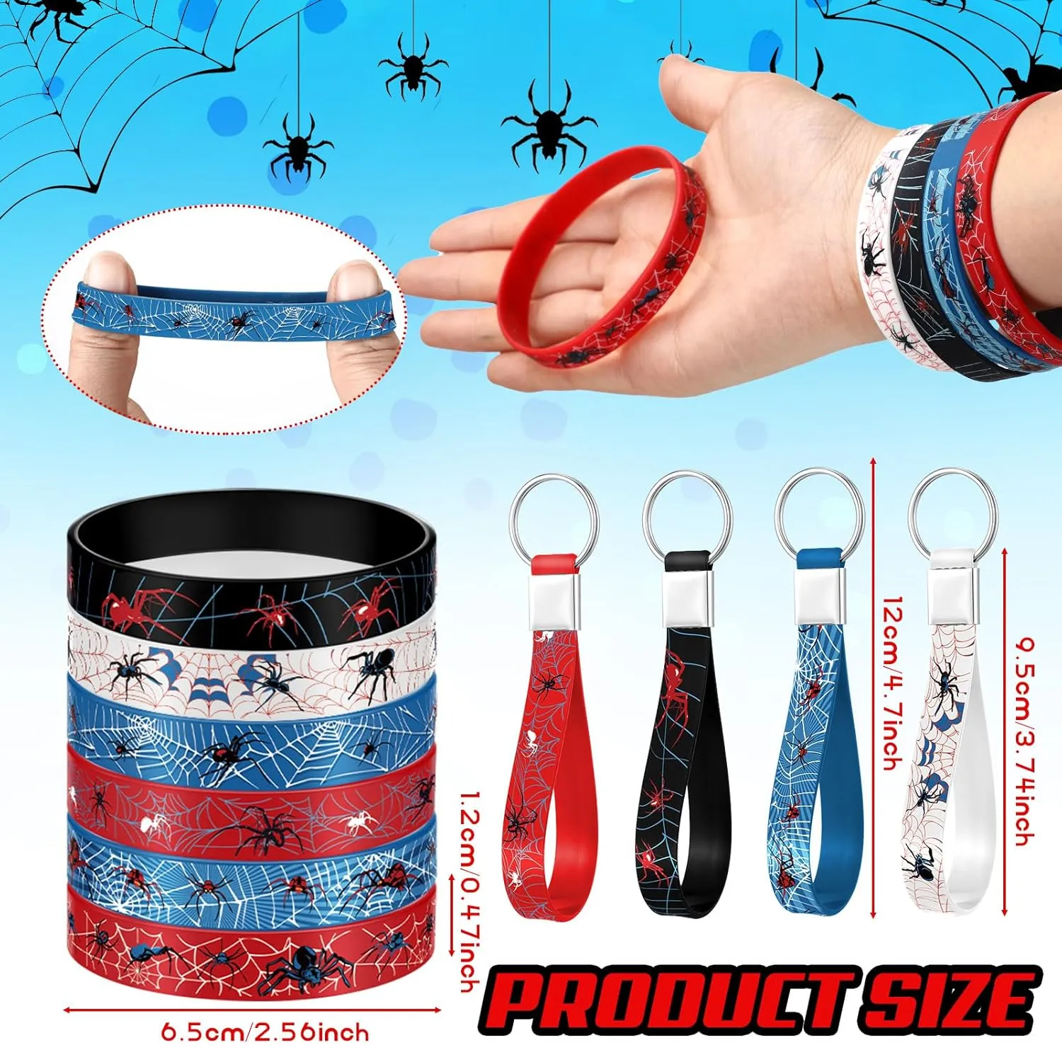 Lothee 32 Pieces Spiderweb Birthday Party Decoration Set Spiderweb Drawstring Bags Funny Travel Sack Backpack Rubber Bracelets Wristlet Keychain for Birthday Party Supplies Favors