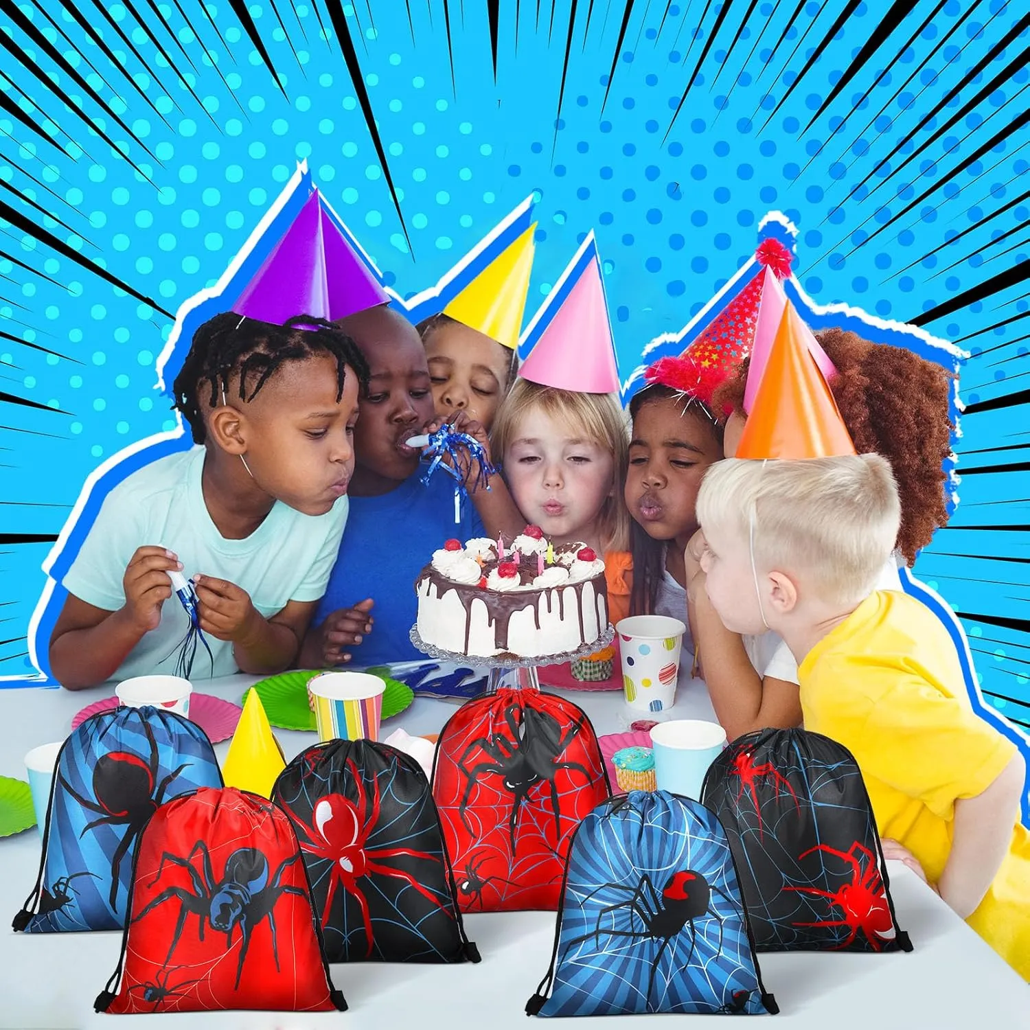 Lothee 32 Pieces Spiderweb Birthday Party Decoration Set Spiderweb Drawstring Bags Funny Travel Sack Backpack Rubber Bracelets Wristlet Keychain for Birthday Party Supplies Favors
