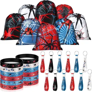 Lothee 32 Pieces Spiderweb Birthday Party Decoration Set Spiderweb Drawstring Bags Funny Travel Sack Backpack Rubber Bracelets Wristlet Keychain for Birthday Party Supplies Favors