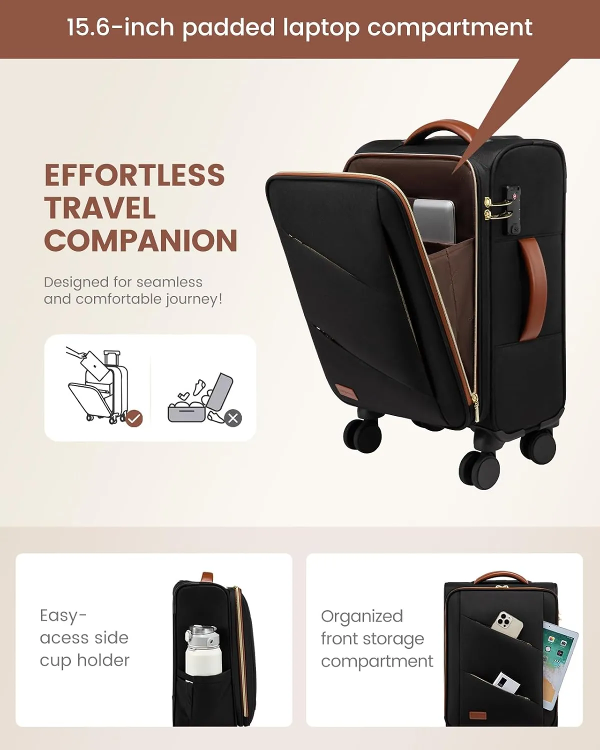 LOVEVOOK Carry On Luggage 22x14x9 Airline Approved, 20 Inch Softside Black Suitcases with Wheels, Lightweight Spinner Carry on Suitcase with TSA Lock, Water-Resistant Large Capacity Luggage for Men