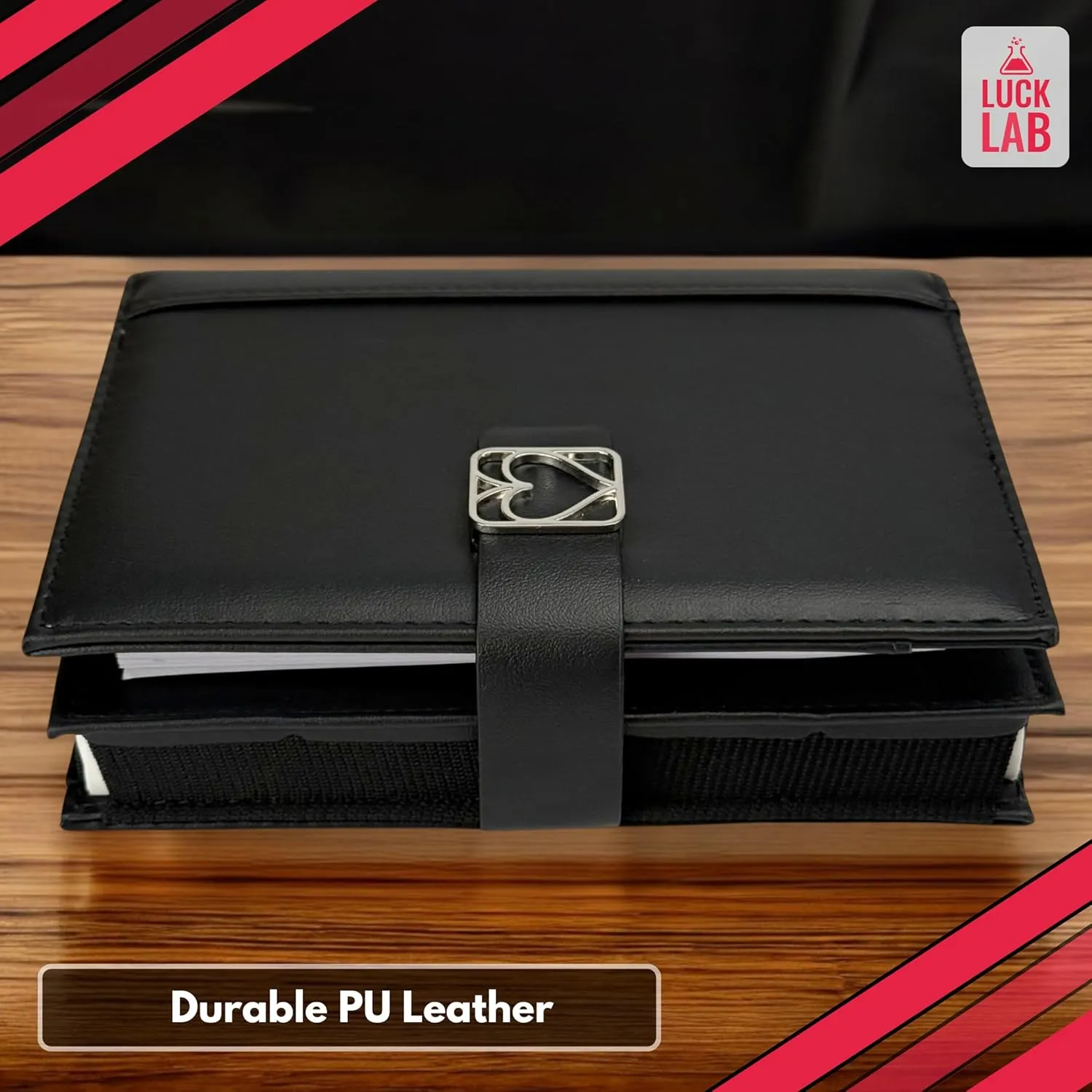 Luck Lab Double Deck Leather Playing Card Case/Holder - Fits Two Decks of Poker or Bridge Size Cards, Notepad and Pen (Black)