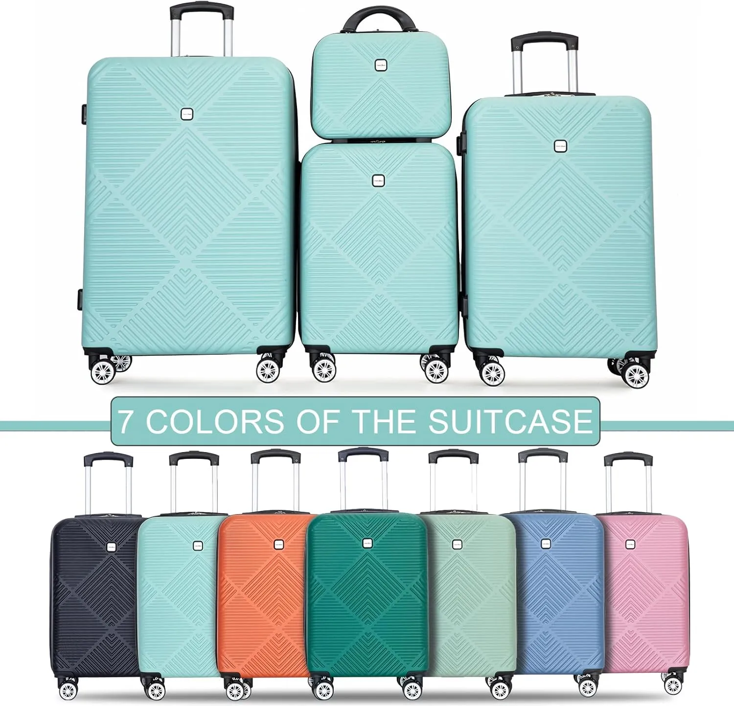 Luggage 4 Piece Set, Hardshell ABS Suitcase Set with Double Spinner Wheels, Lightweight Suitcase, Carry On and Checked Travel Luggage, Aqua Blue