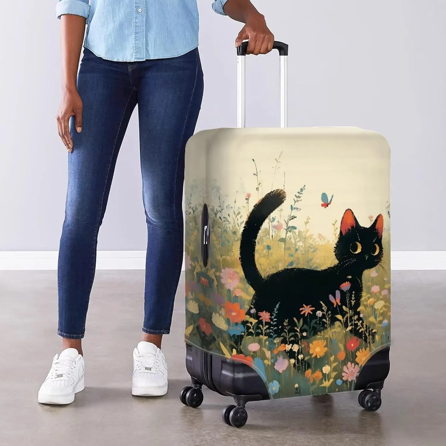 Luggage Cover, Baggage Covers with Zipper Bottom Dustproof & Anti-Scratch Protector Lightweight & Reusable for Family/Business Travel Black Cat Print