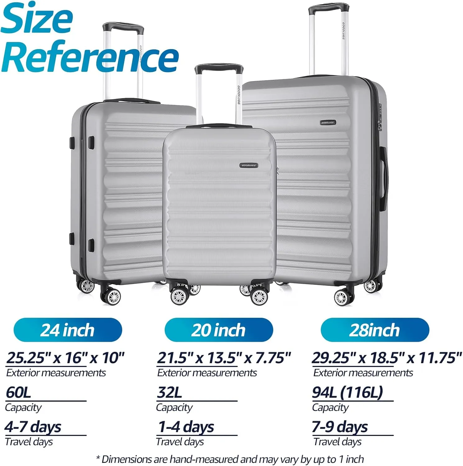 Luggage Set with Spinner Wheels and TSA Lock, 3 Pieces Expandable Hardside Suitcase for Travel, Hardshell Luggage Sets, 20", 24", 28", Silver