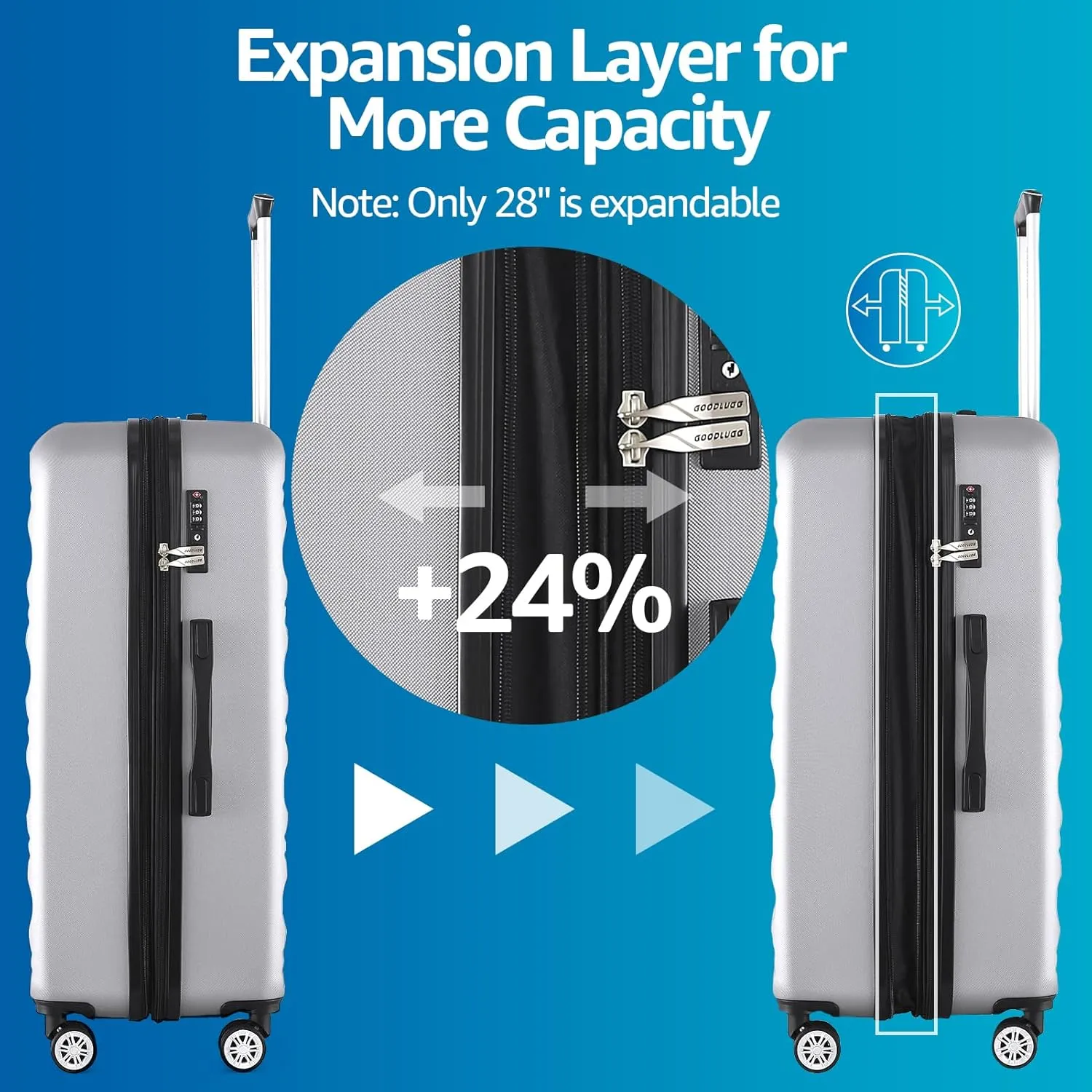 Luggage Set with Spinner Wheels and TSA Lock, 3 Pieces Expandable Hardside Suitcase for Travel, Hardshell Luggage Sets, 20", 24", 28", Silver