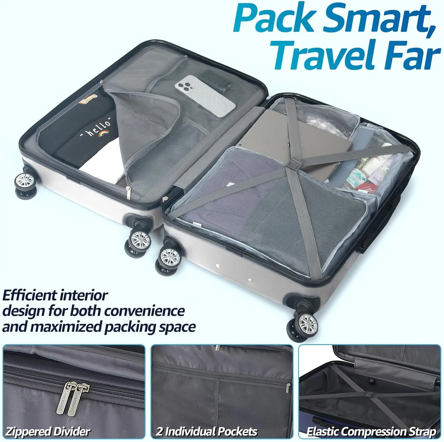 Luggage Set with Spinner Wheels and TSA Lock, 3 Pieces Expandable Hardside Suitcase for Travel, Hardshell Luggage Sets, 20", 24", 28", Silver
