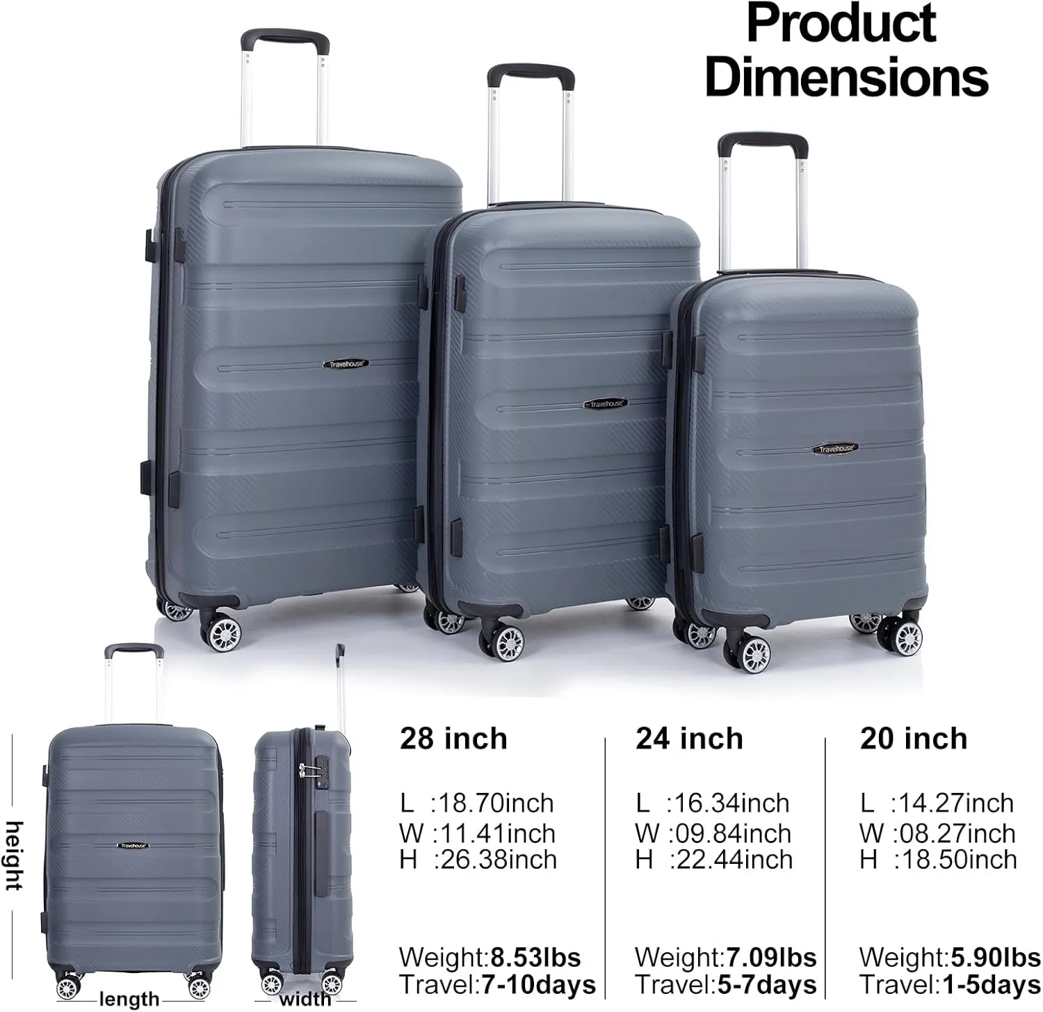 Luggage Sets Wear-Resistance Hardside Lightweight Suitcase Double Spinner Wheels, TSA Lock,Two Hooks, Scratch-resistant Carry-on,3 Piece Set(20inch 24inch 28inch) (Dark Gray)