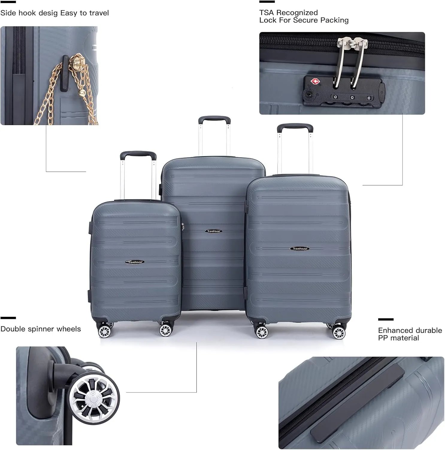 Luggage Sets Wear-Resistance Hardside Lightweight Suitcase Double Spinner Wheels, TSA Lock,Two Hooks, Scratch-resistant Carry-on,3 Piece Set(20inch 24inch 28inch) (Dark Gray)