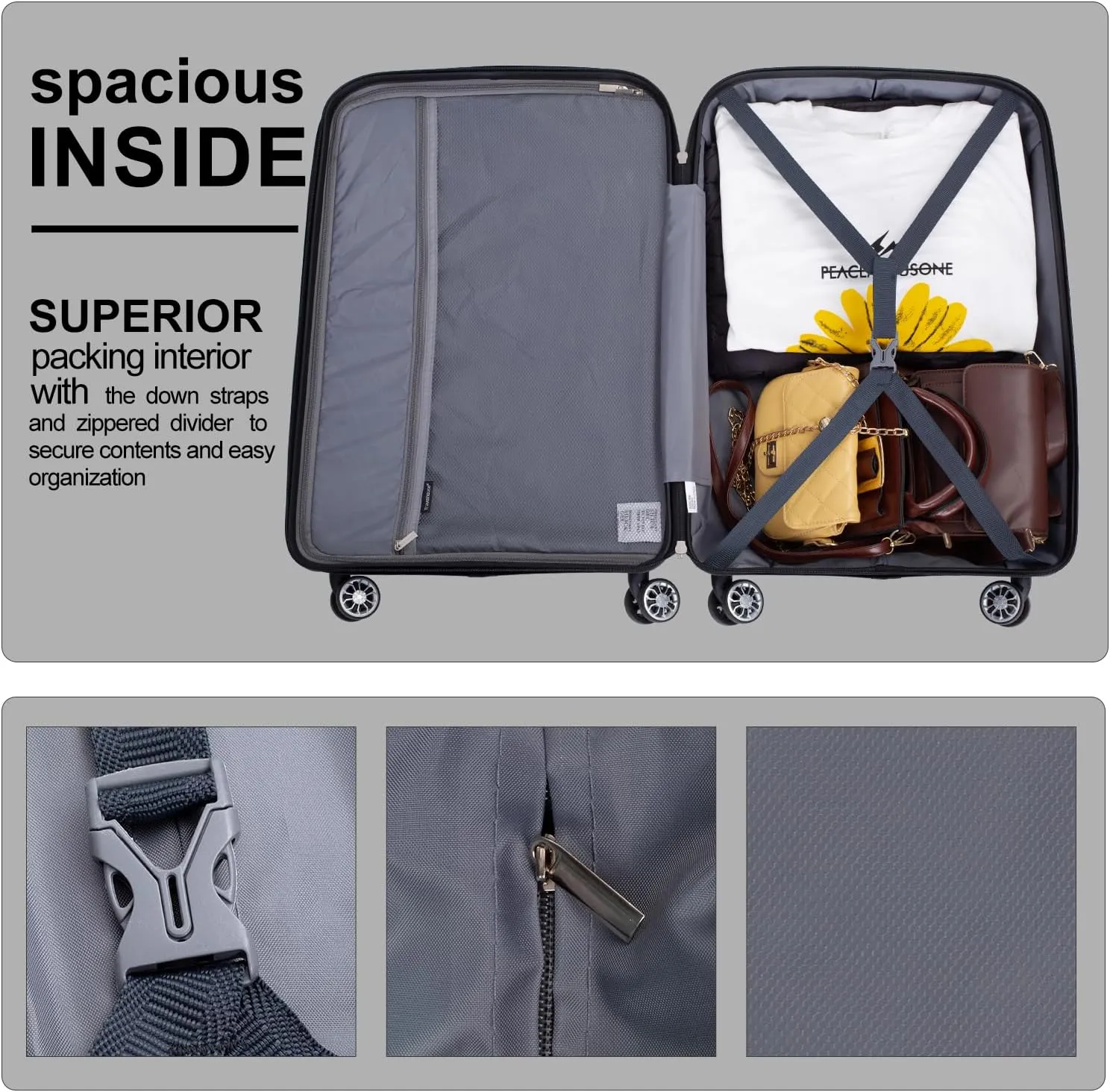 Luggage Sets Wear-Resistance Hardside Lightweight Suitcase Double Spinner Wheels, TSA Lock,Two Hooks, Scratch-resistant Carry-on,3 Piece Set(20inch 24inch 28inch) (Dark Gray)