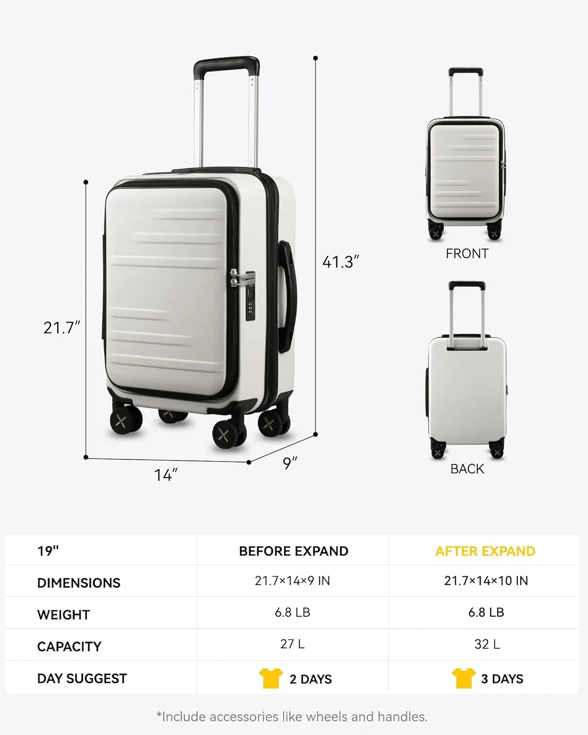 LUGGEX Carry On Luggage for Travel Front Opening, Expandable Polycarbonate Hard Shell Suitcase with Wheels for Men Women Chrismas Birthday (White, 19 Inch, 27.2L)