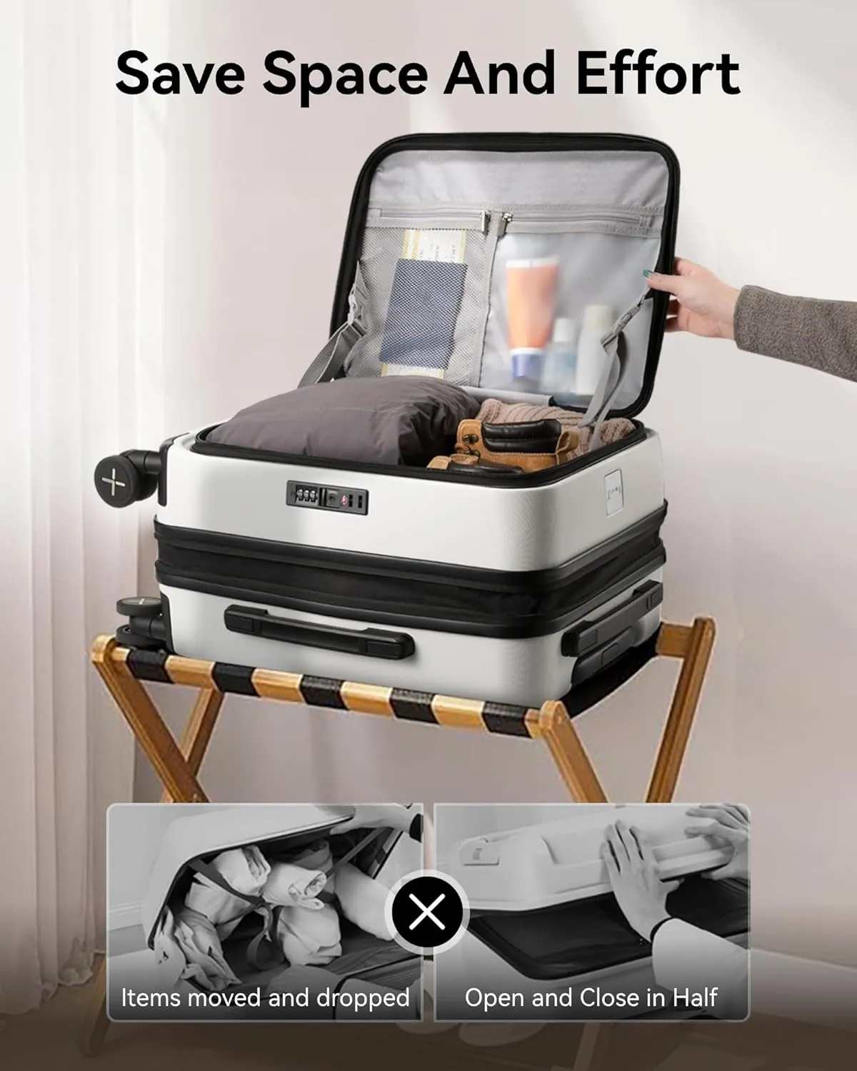 LUGGEX Carry On Luggage for Travel Front Opening, Expandable Polycarbonate Hard Shell Suitcase with Wheels for Men Women Chrismas Birthday (White, 19 Inch, 27.2L)
