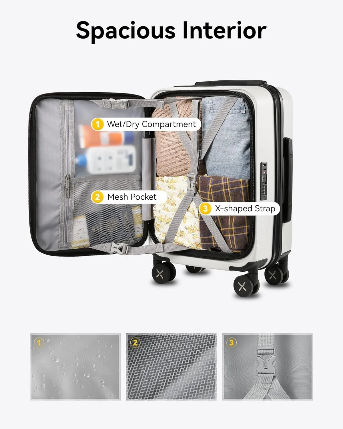 LUGGEX Carry On Luggage for Travel Front Opening, Expandable Polycarbonate Hard Shell Suitcase with Wheels for Men Women Chrismas Birthday (White, 19 Inch, 27.2L)