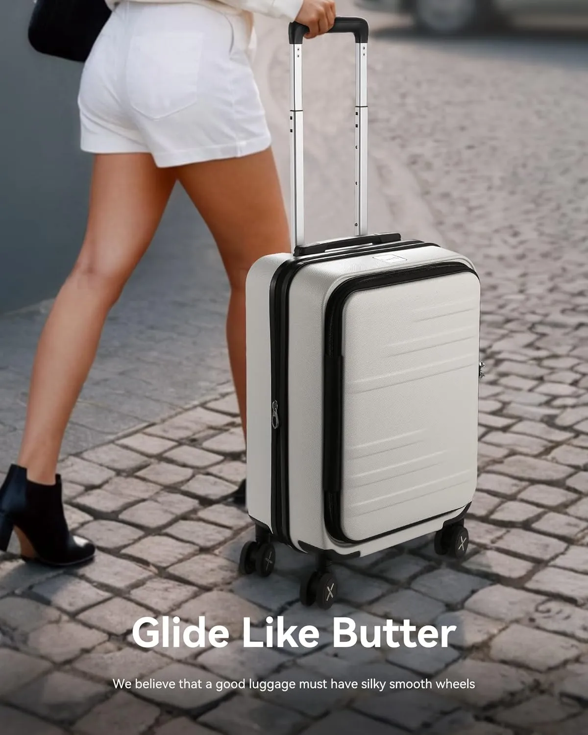 LUGGEX Carry On Luggage for Travel Front Opening, Expandable Polycarbonate Hard Shell Suitcase with Wheels for Men Women Chrismas Birthday (White, 19 Inch, 27.2L)