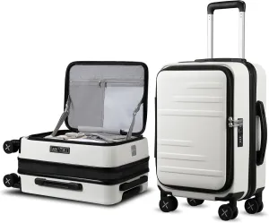 LUGGEX Carry On Luggage for Travel Front Opening, Expandable Polycarbonate Hard Shell Suitcase with Wheels for Men Women Chrismas Birthday (White, 19 Inch, 27.2L)