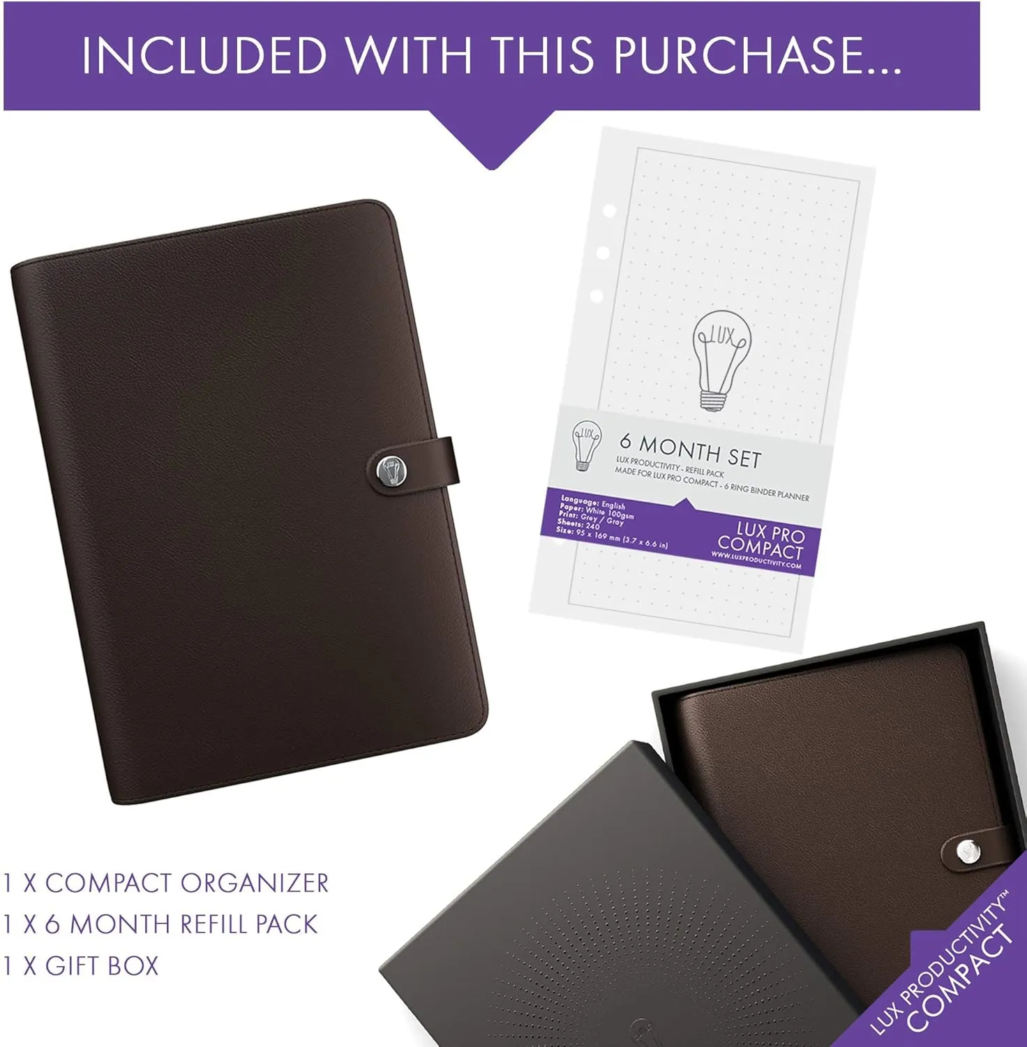 LUX Productivity COMPACT Personal Planner – Best Undated Diary/Organizer with Daily Schedule & Reflection Journal - (Brown)