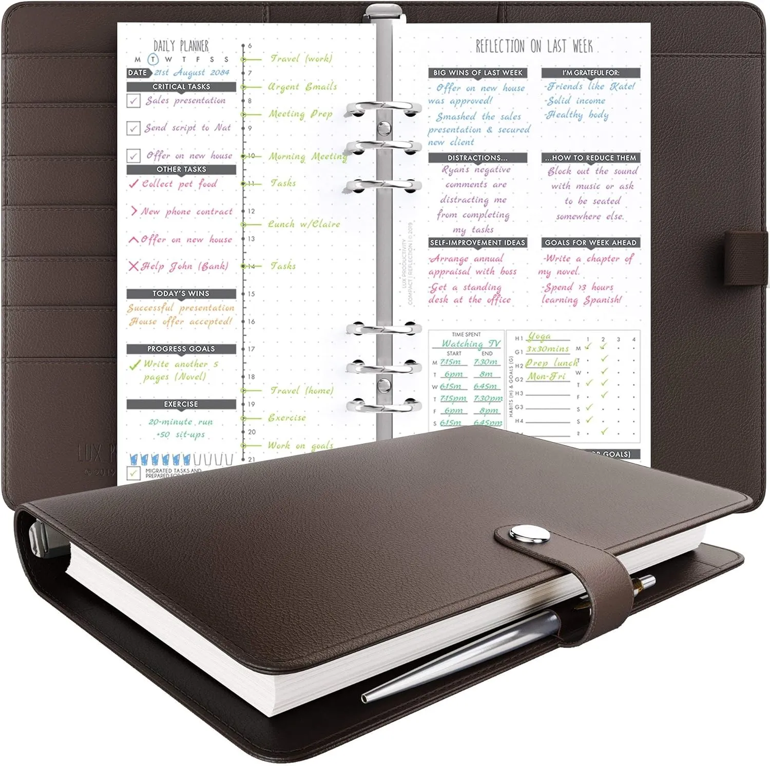 LUX Productivity COMPACT Personal Planner – Best Undated Diary/Organizer with Daily Schedule & Reflection Journal - (Brown)