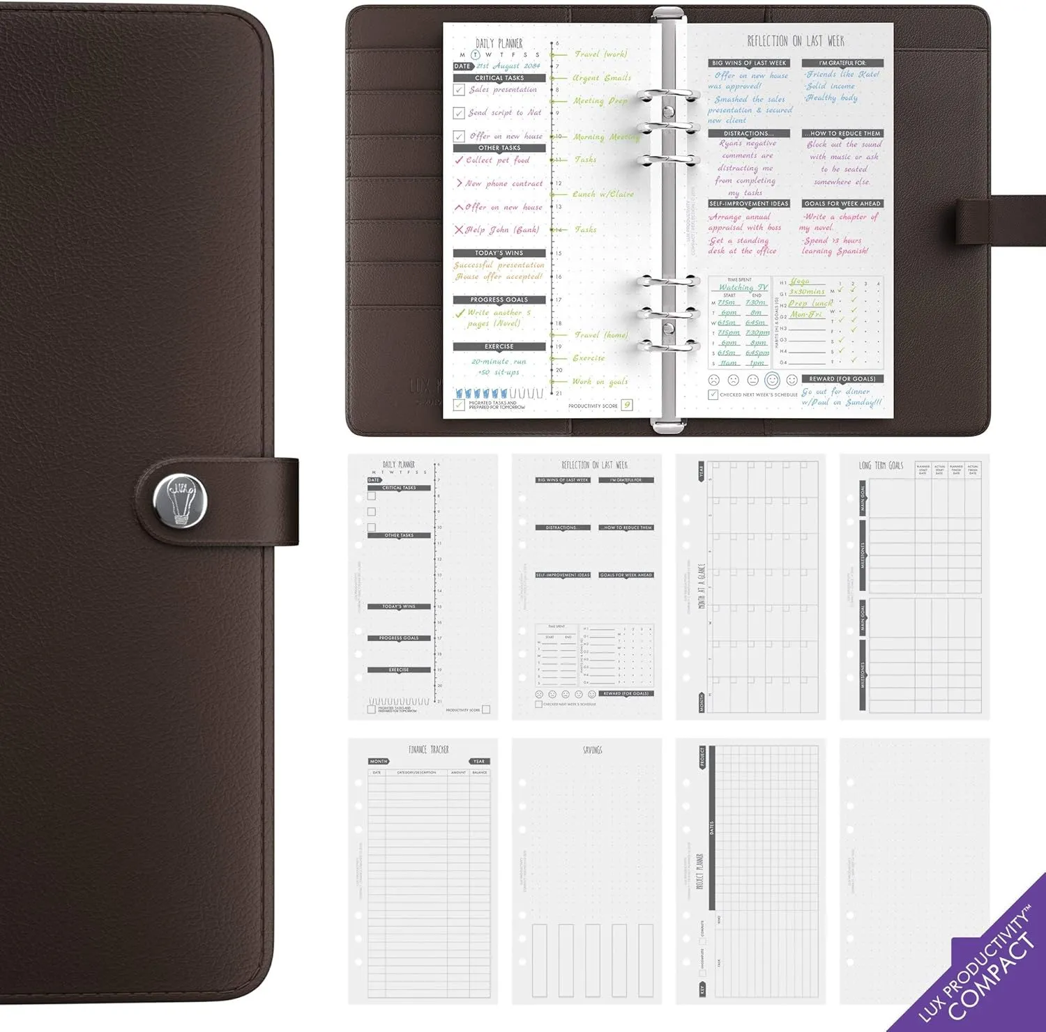 LUX Productivity COMPACT Personal Planner – Best Undated Diary/Organizer with Daily Schedule & Reflection Journal - (Brown)