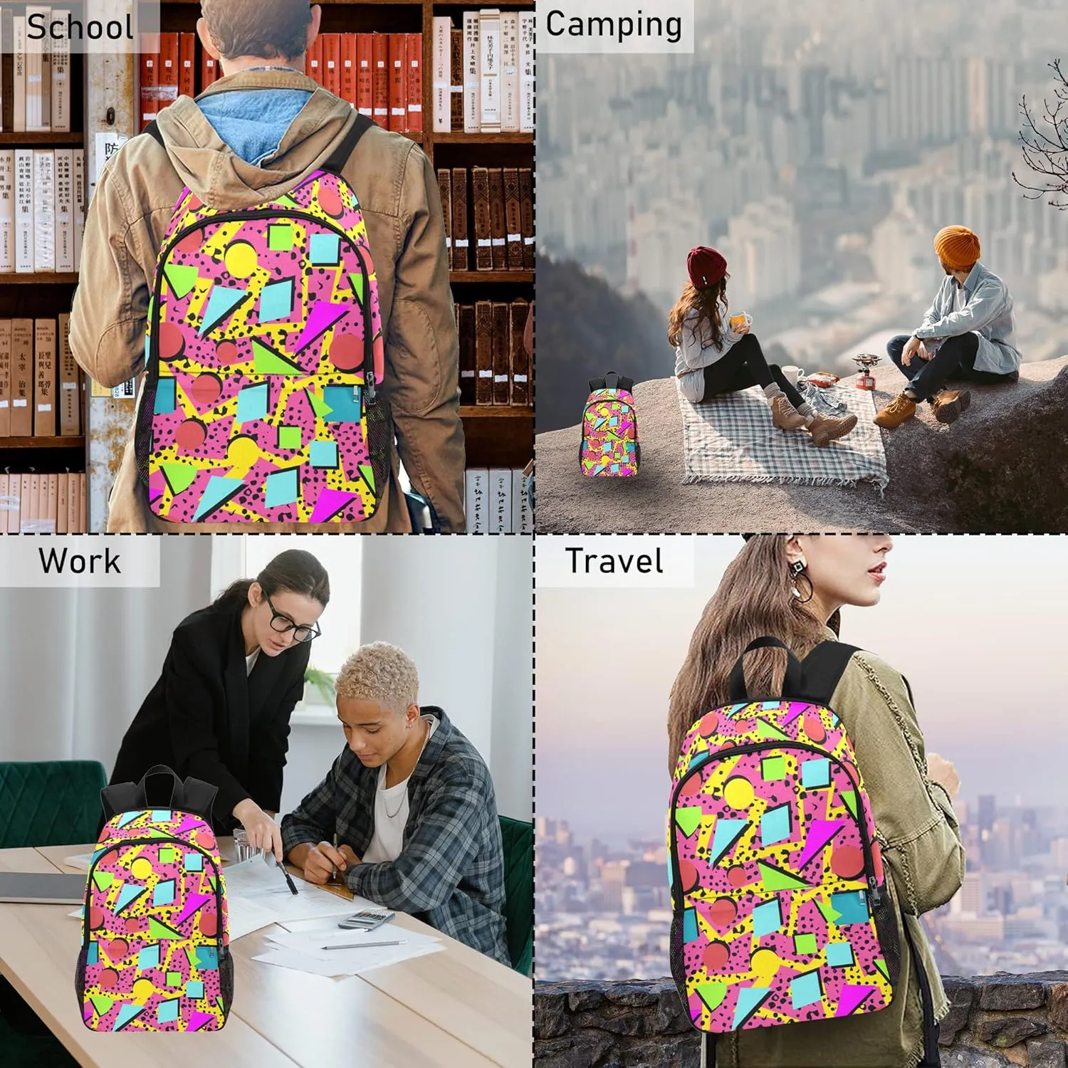 M YESCUSTOM Colourful Geometric Pattern School Bag for Students Boys Girls, Water Resistant Pink Lightweight Daypack Laptop Backpacks for Back to School Off to College…