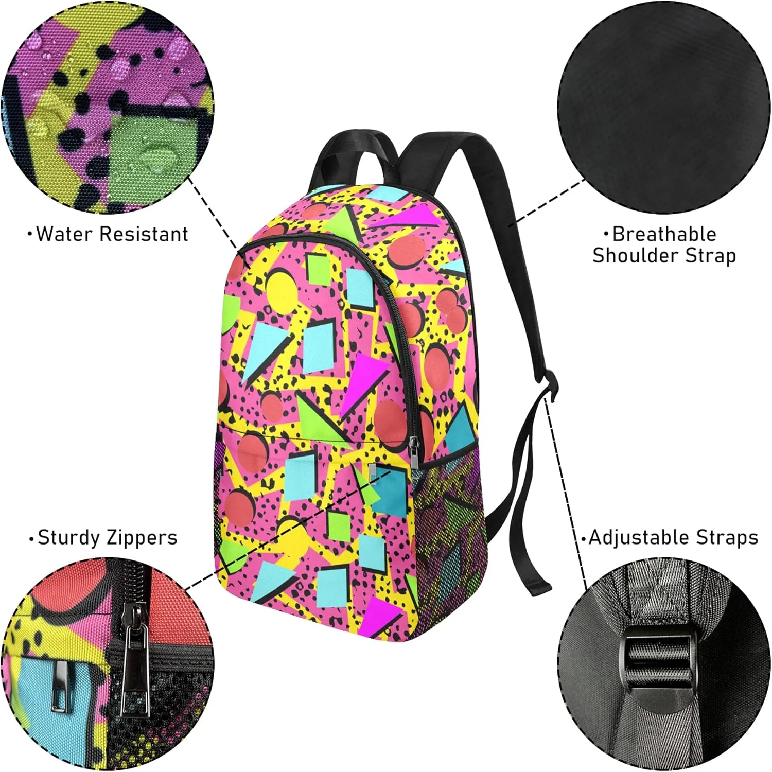 M YESCUSTOM Colourful Geometric Pattern School Bag for Students Boys Girls, Water Resistant Pink Lightweight Daypack Laptop Backpacks for Back to School Off to College…
