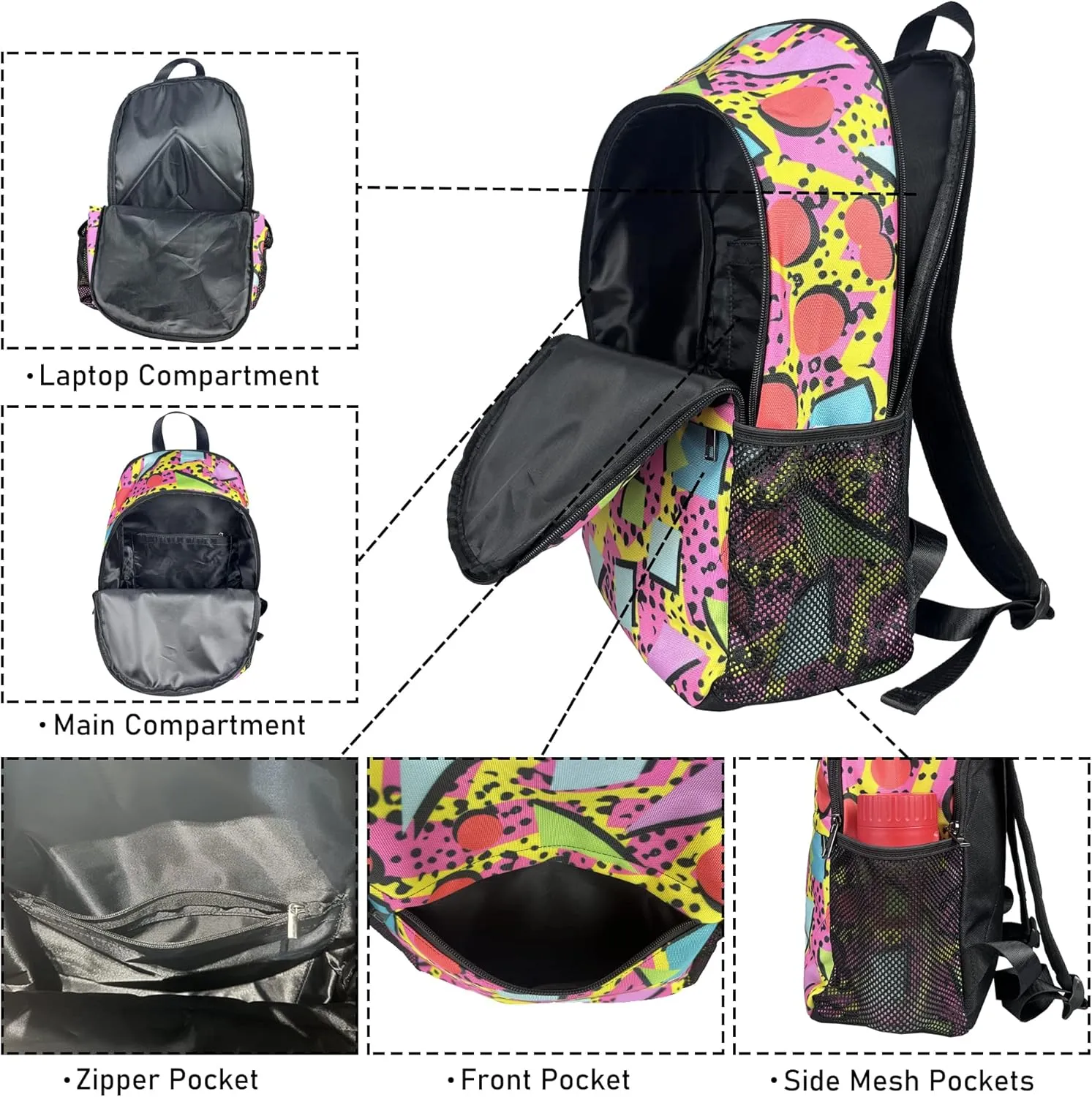 M YESCUSTOM Colourful Geometric Pattern School Bag for Students Boys Girls, Water Resistant Pink Lightweight Daypack Laptop Backpacks for Back to School Off to College…