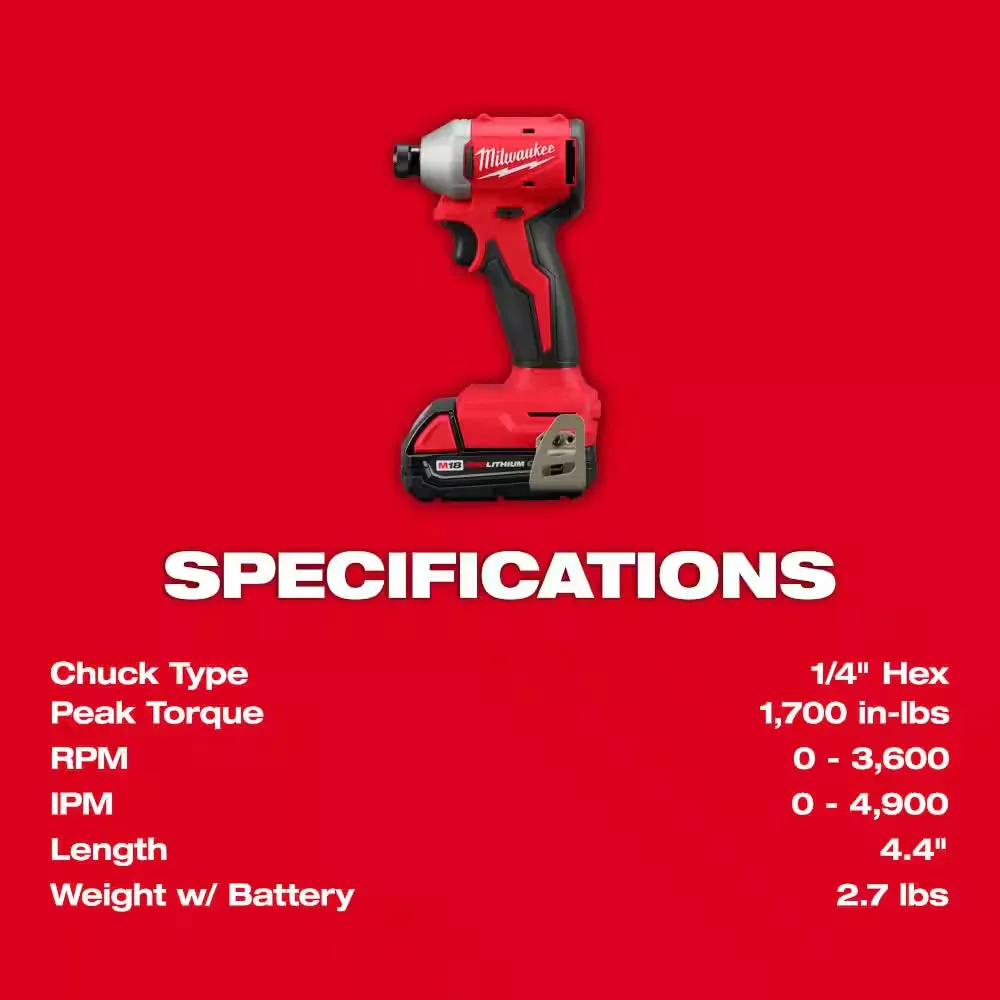 M18 18V Lithium-Ion Brushless Cordless Compact Drill/Impact Combo Kit (2-Tool) W/(2) 2.0 Ah Batteries, Charger & Bag