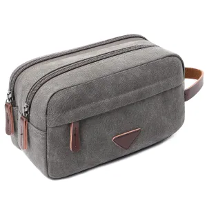 Mactso Mens Travel Toiletry Bag Canvas Leather Cosmetic Makeup Organizer Shaving Dopp Kits with Double Compartments (Gray)